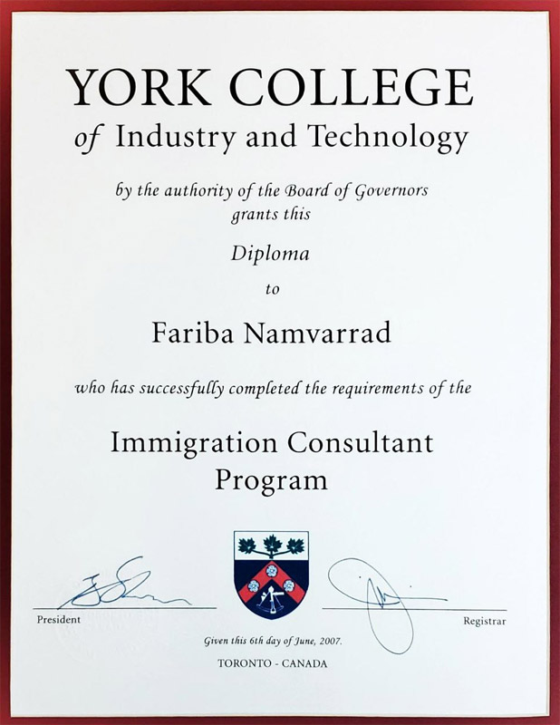 Fariba Namvar York College Cert